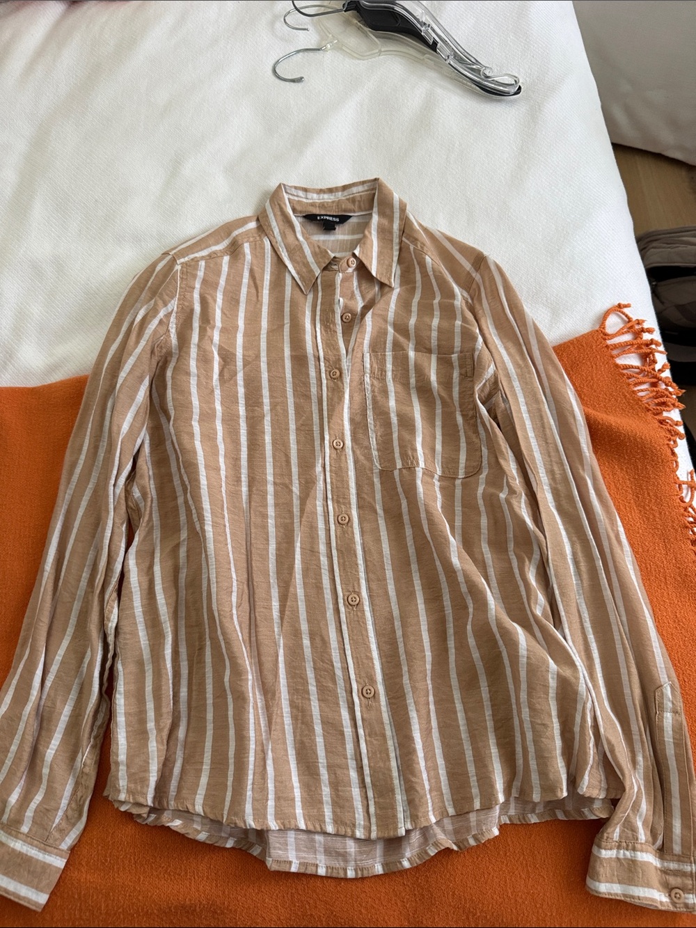 Express Striped Button-Up Shirt in Tan and White